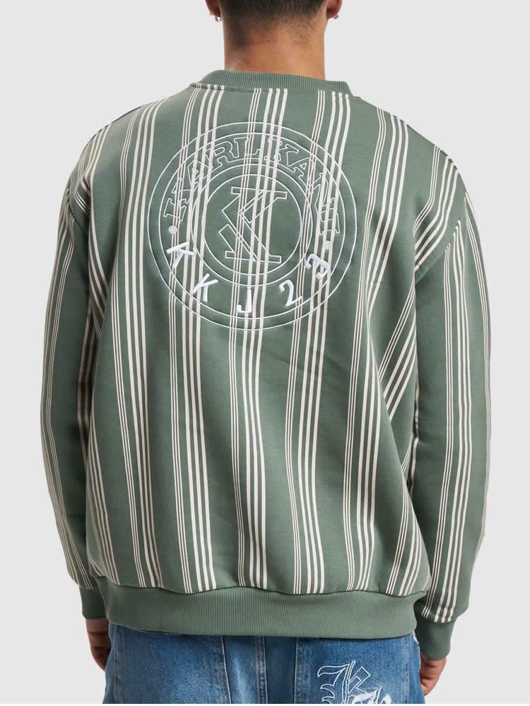 KARL KANI SMALL SIGNATURE STRIPED CREW DUSTY GREEN/OFF WHITE